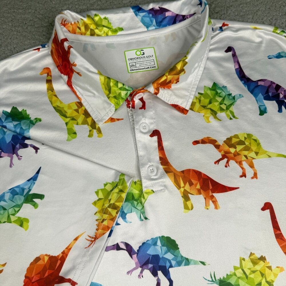 Obnoxious Golf Shirt Mens 2XL XXL White Dinosaur Print Polo Performance Stretch